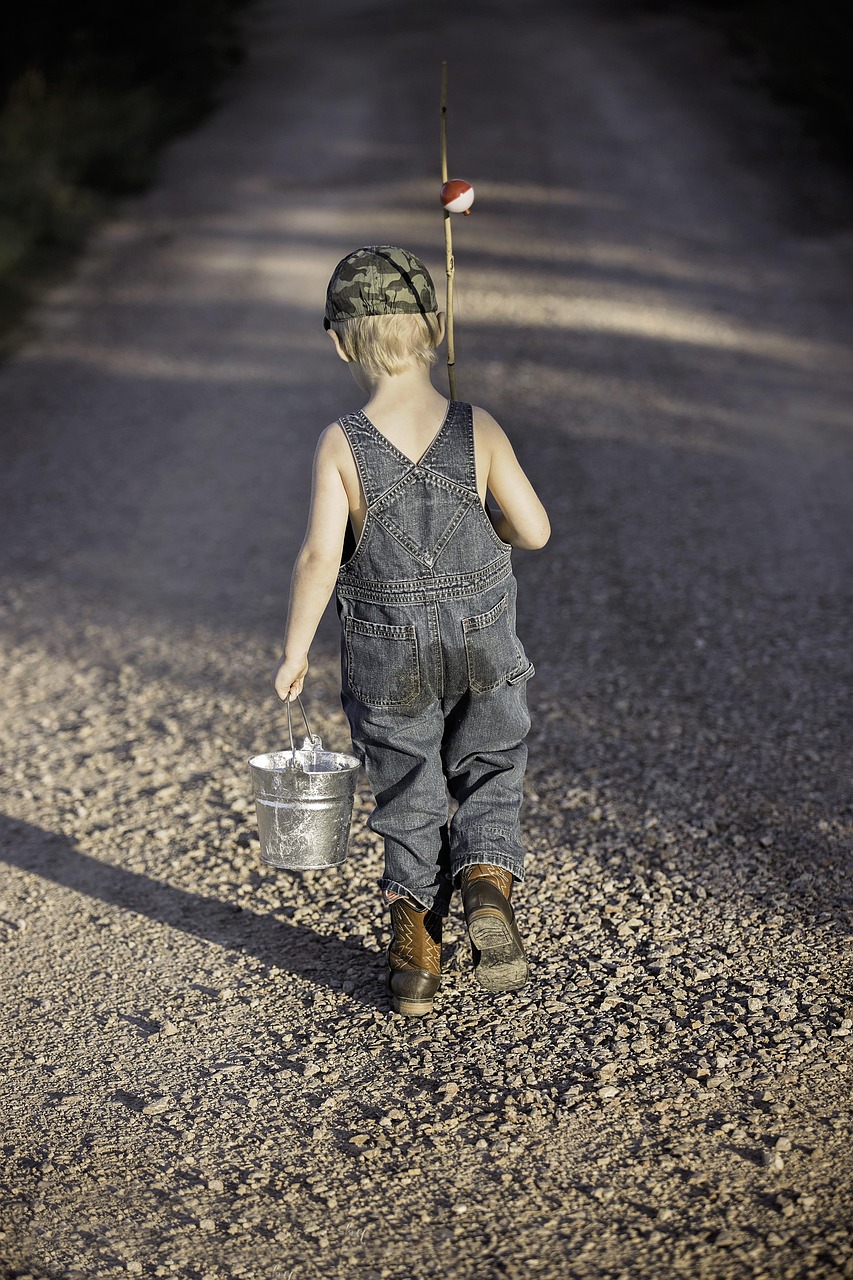 services-02 boy, child, fishing rod, bucket, fishing, fisherman, kid, young, small, nature, childhood, walking, summer, adventure, lifestyle, outdoors, back view